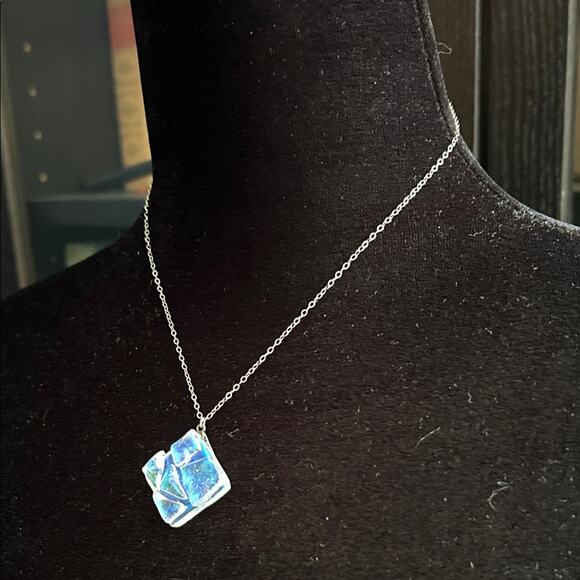 Dichroic Iridescent Glass Pendant Necklace on Sterling Silver Chain, 18 inches - Picture 4 of 15